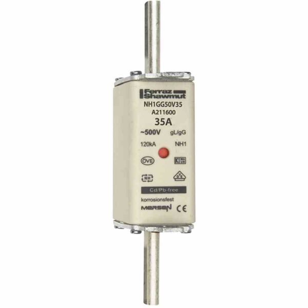 MERSEN A211600 NH-Sicherungseinsatz, 35A, NH1, 500V, gL/gG(Ganzbereichs-Leitungsschutz/Ganzbereichs-Gerätesch.), Kombikennmelder