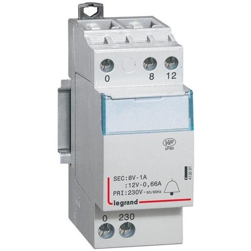 Legrand 413091 Klingeltransformator Prim.230V AC Sek.12/8V AC Strom 0,66/1A 8VA 2TE Verpackungseinheit:1ST